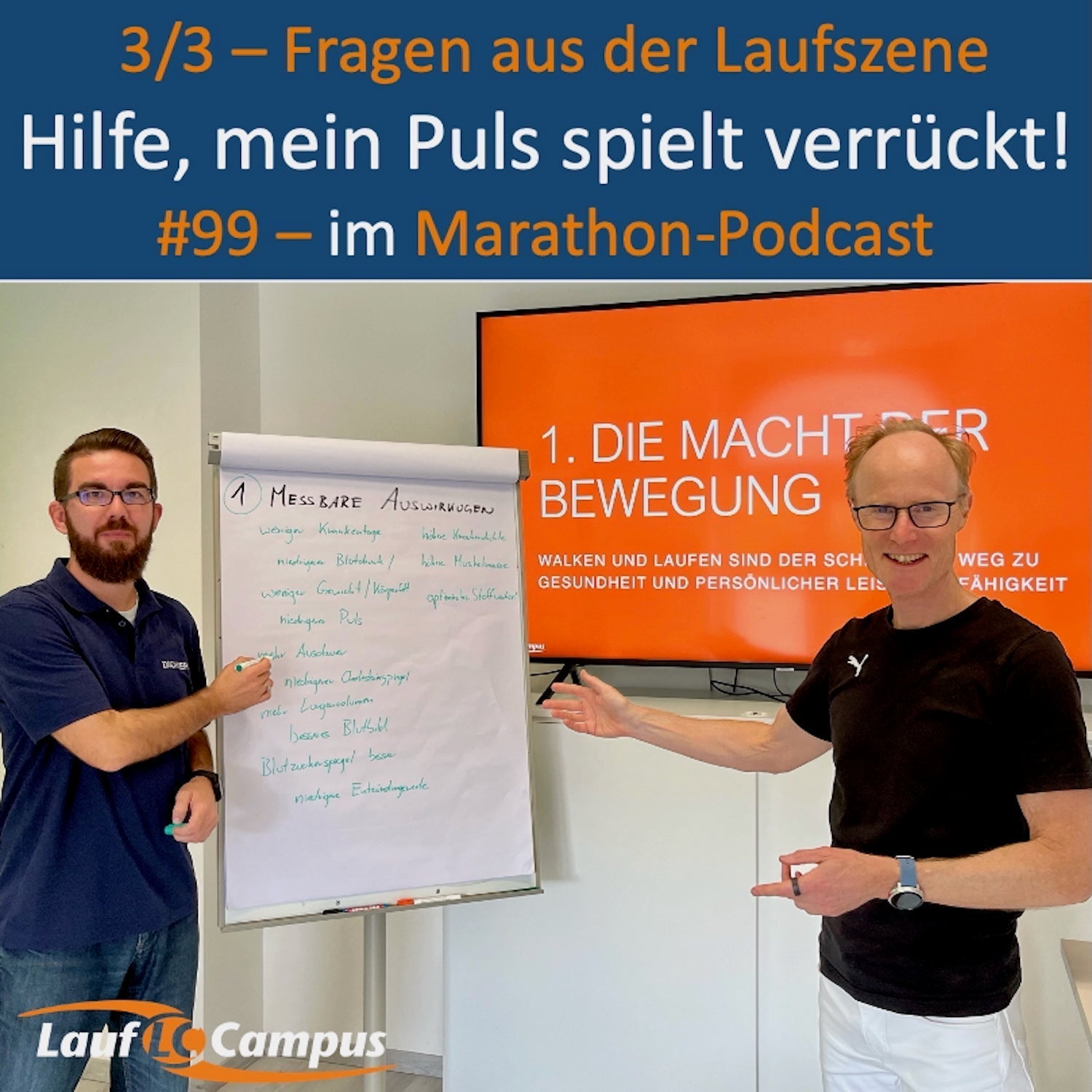 Podcast zum Thema Puls beim Laufen – zwei Dozenten stehen vor einem Bildschirm
