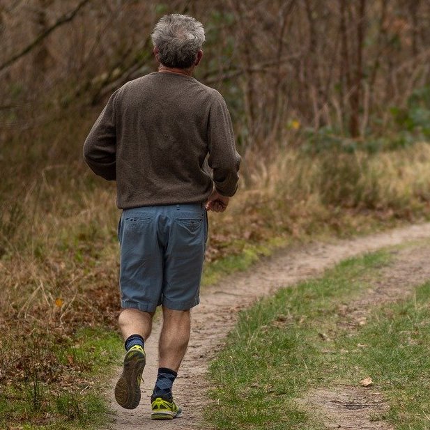 Ein männliche Jogger läuft durch die Natur. Bewegung im Alter macht glücklicher und zufriedener.