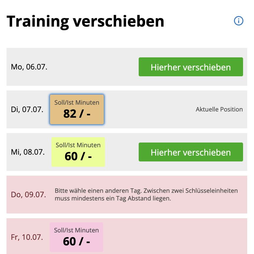 Screenshot der Laufcampus Web App mit der Funktion „Training verschieben“ zur flexiblen Anpassung eines Trainingsplans.