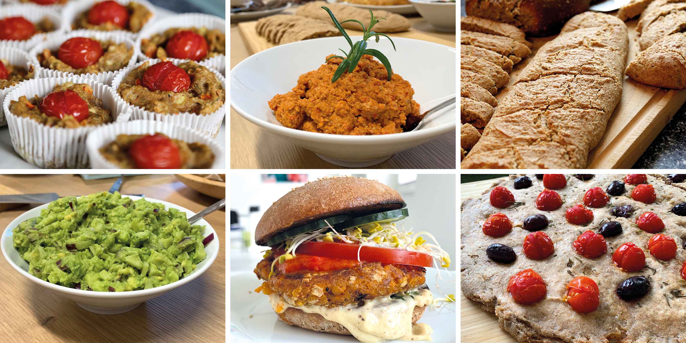 Eine Collage zeigt in den Kochkursen der Kochschule gezauberte Gerichte und Rezepte, darunter Baquette, Burger, Rohkost, Avocado und andere Brotaufstriche