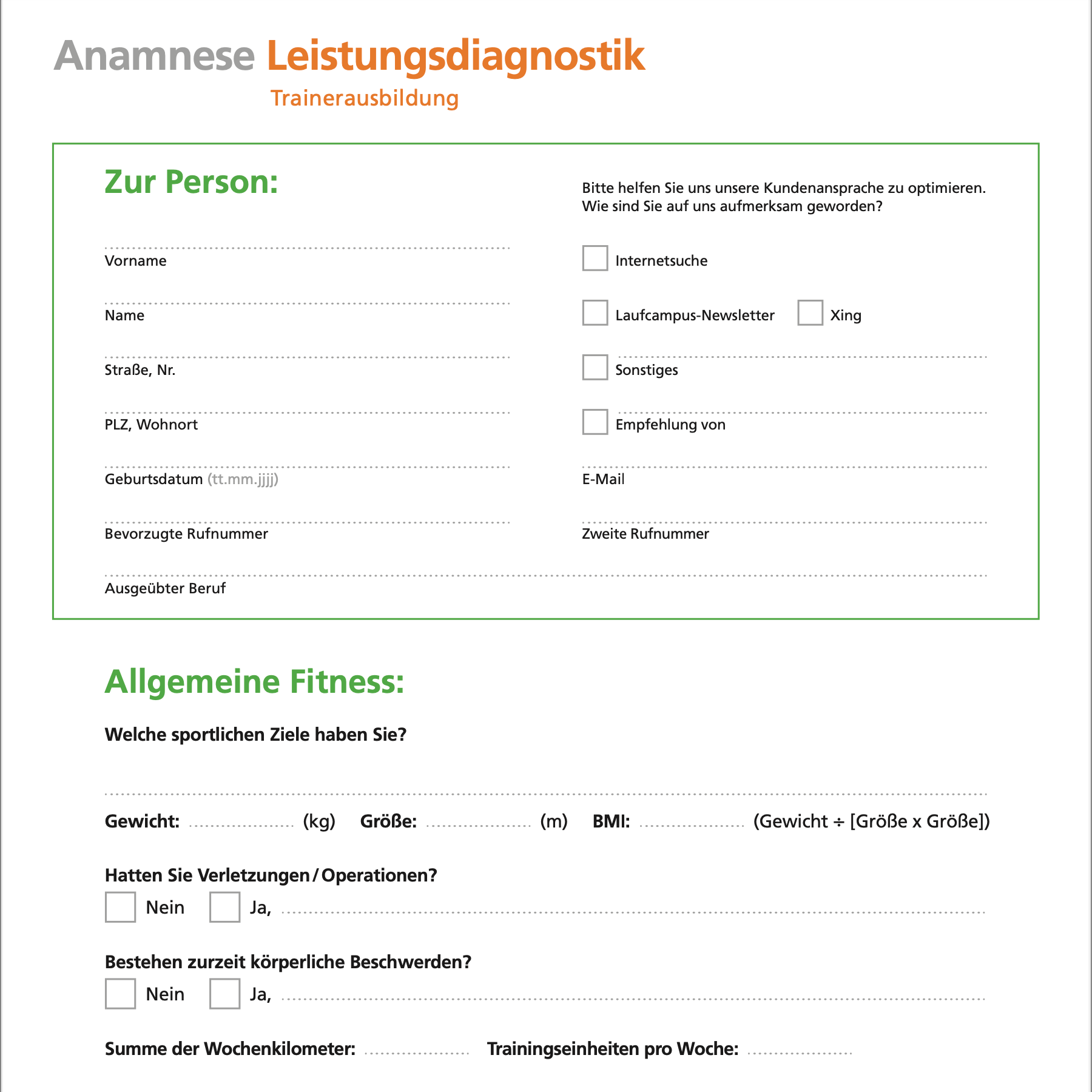 Anamnesegespräch beim Fitness & Anamnesebogen Vorlage