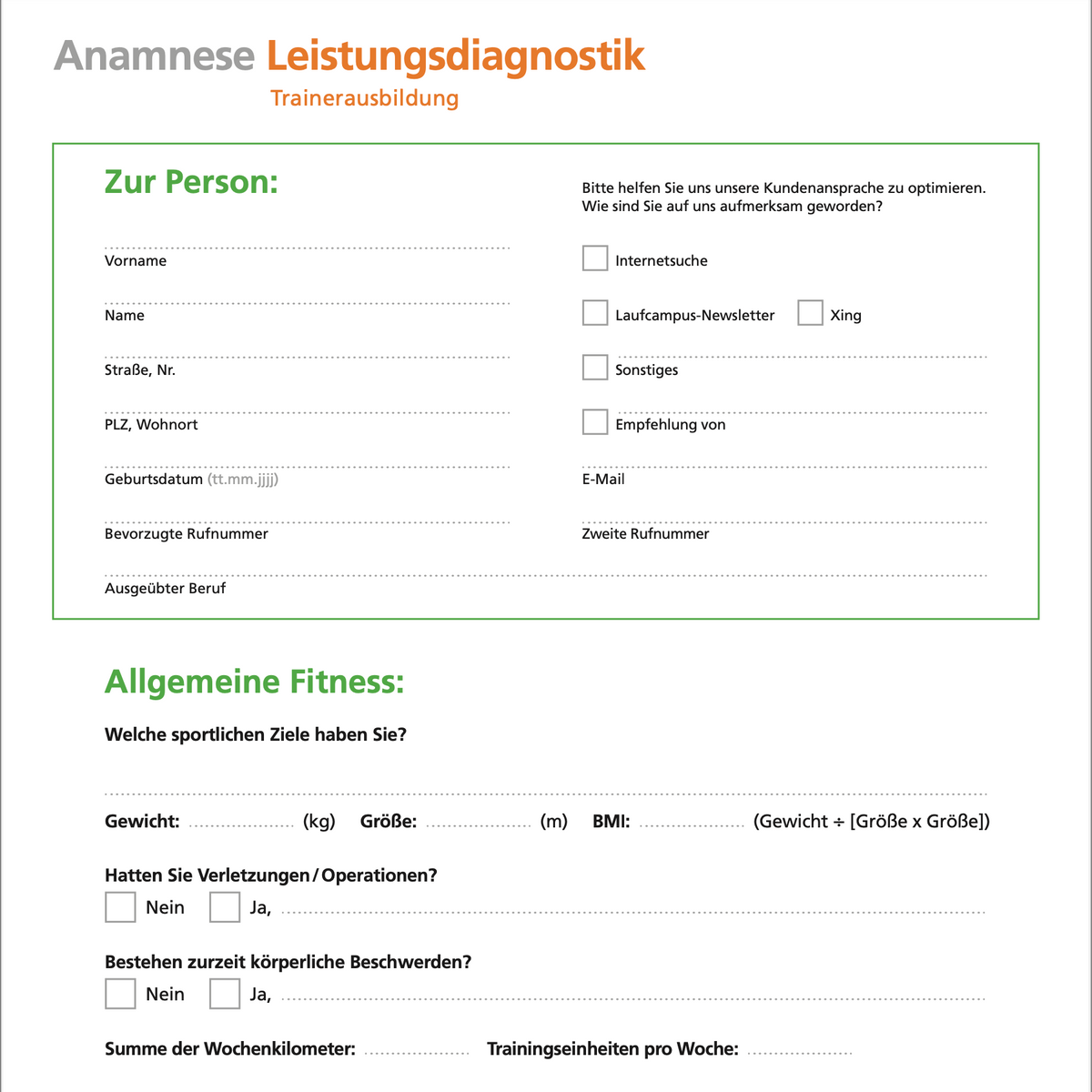 20 Stück Anamnesebögen Leistungsdiagnostik
