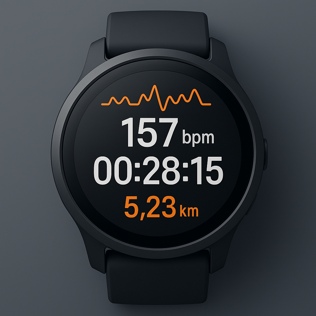 Smartwatch mit Trainingsdaten in oranger Laufcampus-Farbwelt, symbolisiert die Synchronisation von Laufcampus Trainingsplänen mit Garmin Connect.