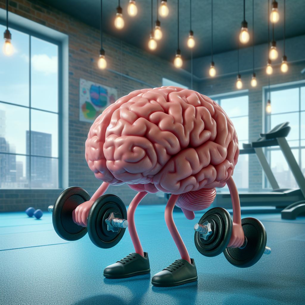 Das KI generierte Bild zeigt ein Gehirn beim Hanteltraining – ein Symbol für das Training der Willenskraft