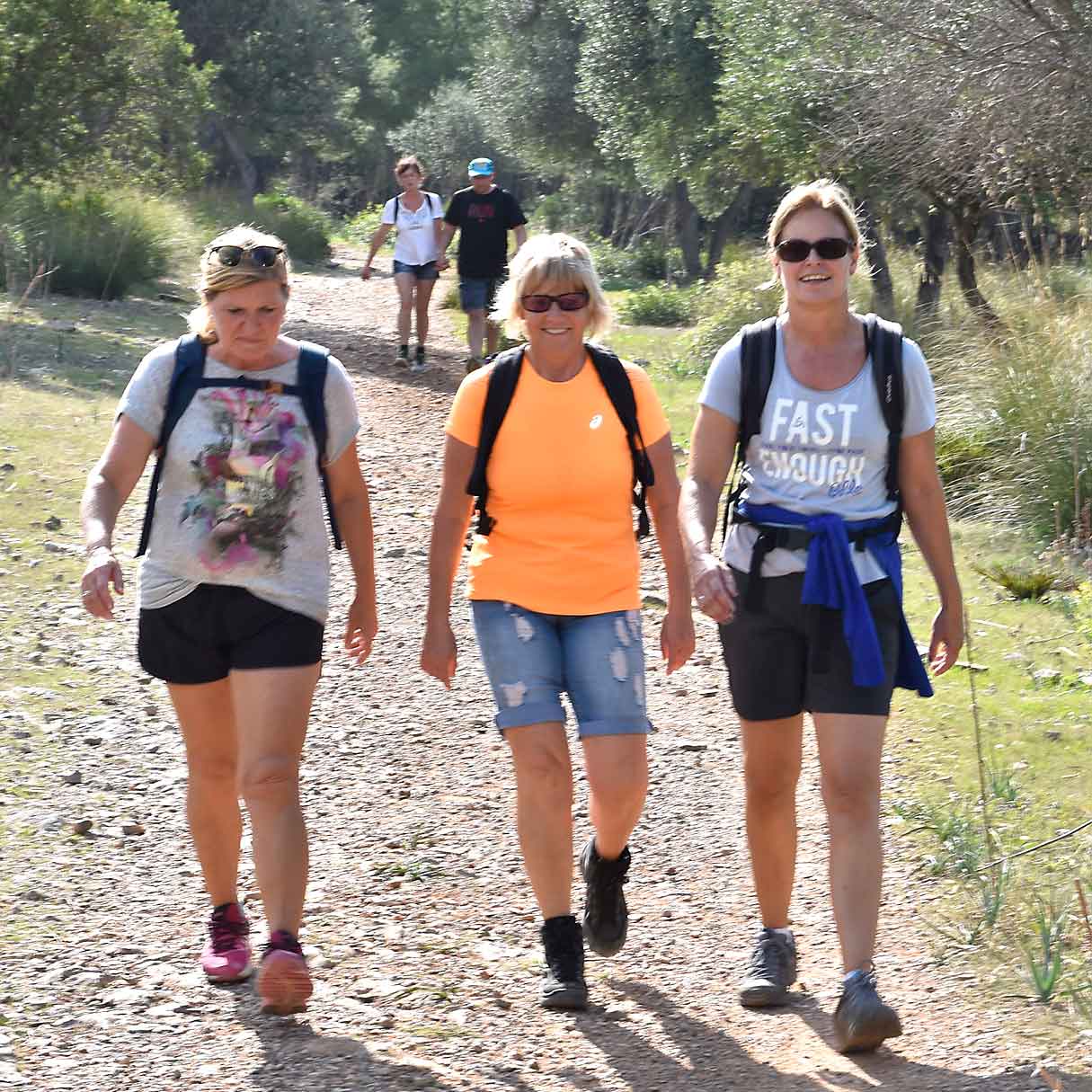 Drei Wanderinnen gehen bei diesem Laufen und Wandern Camp über einen Trail auf Mallorca. Wenige Meter dahinter folgen zwei weitere Wanderer.